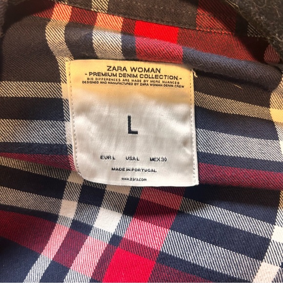 Zara Woman Premium Denim Collection Red and Navy Plaid Long-Sleeve Button Down - Picture 3 of 4